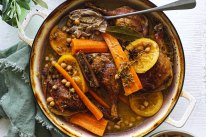 Braised duck legs with carrots, chickpeas, orange and anise.