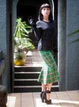 Comme des Garcon's tricot cardigan top and green wool tartan skirt. Price $70. Junya Watanabe started this line in 1992.