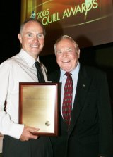 Michael Gordon and his father, Harry Gordon, celebrate after Michael won The 2005 Graham Perkin Award for Australian Journalist of the Year. 