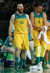 Aron Baynes and Andrew Bogut in the bronze medal game between Australia and Spain in Rio.