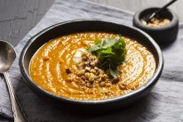 Curried roasted pumpkin soup with tamari nuts. 