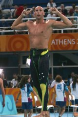 Hackett celebrates after winning a gold medal at the 2004 Athens Olympics.