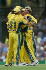 Warne celebrates taking the wicket of Paul Collingwood in a 2003 ODI against England.