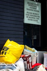 Donated items left in front of the Salvation Army store on Burwood Road, Hawthorn on Monday.