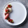 Main Ridge goat's cheesecake with strawberries, balsamic, pistachio and strawberry sorbet.
