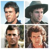 (Clockwise from top left) Gibson in his 1979 breakthrough role as Max Rockatansky in <em>Mad Max</em>; in 1981’s <em>Gallipoli</em>; in 1987 buddy comedy <em>Lethal Weapon</em>; as a reporter in 1982’s <em>The Year of Living Dangerously</em>.