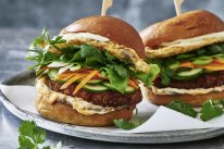 Banh mi-inspired chicken burgers with soft fried eggs, pâté and pickles.