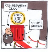 Matt Golding Labelled 'Conservative clout' pointing to a bouncer outside Deakin 200 club and 'secret donors' behind doorway...yawn