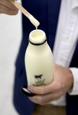 There's a thick layer of cream at the top of the cold-pressed raw milk.