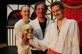 Ryan Pemberton, left,  James Scott and Brendan Kelly star alongside 'Lavinia the skull' in 'The Complete Works of William Shakespeare (Abridged).