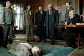 Simon Russell Beale as Beria, Jeffrey Tambor as Melnikov, Steve Buscemi as Khruschev and Andrea Riseborough and Rupert Friend as the dictator's children Vasily and Svetlana in Armando Ianucci's film The Death of Stalin.