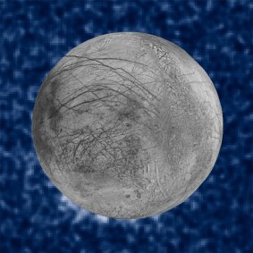 A composite image of possible water plumes on the south pole of Jupiter's moon Europa. 