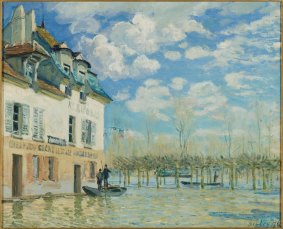 Alfred Sisley, Britain/France, 1839-1899, La barque pendant l'inondation, Port-Marly (Boat in the flood at Port-Marly),1876, oil on canvas, 61 x 50.5 cm, Musee d'Orsay, Paris, France.