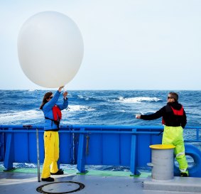 No thought bubble: Deploying weather balloons from RV Investigator.  