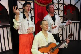 From left, Brendan Kelly, Ryan Pemberton (on guitar) and James Scott in 'The Complete Works of William Shakespeare (Abridged)'.