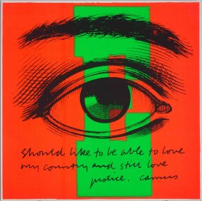 <i>Circus Alphabet - E eye love</i>, a 1968 screenprint by Sister Corita Kent, contains a quote from Albert Camus, one of her biggest influences.