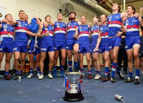 Footscray players sing the song in the rooms after winning the VFL Grand Final this year.