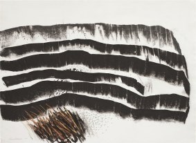 TRAVELLING NORTH (1989) BY GUY WARREN, CHARCOAL & CRAYON 56.5 X 77CM.