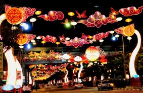 Lanterns and decorations for the Mid-Autumn Festival in Singapore.
