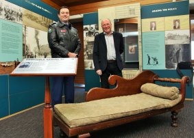 New home for Nelson's lounge; Acting Hume LAC commander Evan Quarmby and Peter Zantis with the Nelson Lounge at the NSW Police Academy in Goulburn.