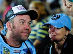 Tough scene: Australian actor and Sharks fan Brendan Cowell does an interview before the start of the game.