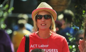 Senator Katy Gallagher at Garema Place in Civic for the Palm Sunday refugee rally. 