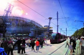 An artist's impression of a light-rail line through Sydney Olympic Park. 