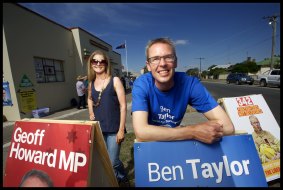 Buninyong Liberal candidate Ben Taylor and his wife Christine out the front of the Sebastopol RSL Hall in Ballarat.
