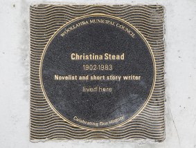 The plaque to honour writer Christina Stead on the pavement outside her former home.
