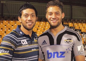 Best mates: Christian Lealiifano and Jack Lam catch up after a Brumbies-Hurricanes Super Rugby game.
