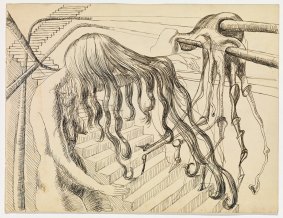 Clifford Bayliss, "Untitled (Woman with flowing hair beside stairs with molten form)" (mid 1940s). 