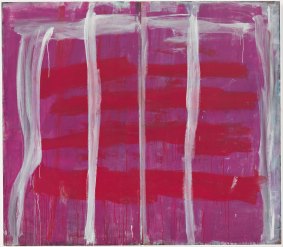 Detail of Pink lines (vertical) on red and purple 1970-73, by Tony Tuckson; Queensland Gallery of Modern Art.