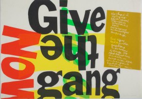 Sister Corita Kent, (give the gang) the clue is in the signs 1966
screenprint
Courtesy of the Corita Art Center, Immaculate Heart Community, Los Angeles, CA

