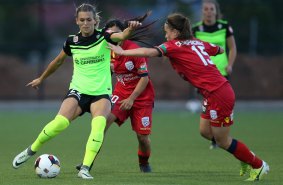 Canberra United import Stephanie Ochs in action against Adelaide United earlier this season. 