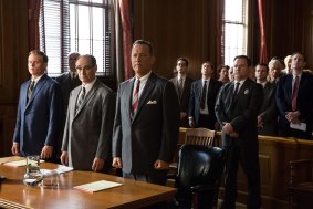Tom Hanks is Brooklyn lawyer James Donovan, front right,  Mark Rylance is Rudolf Abel, and Billy Magnussen is Doug Forrester in <i>Bridge of Spies</i>.