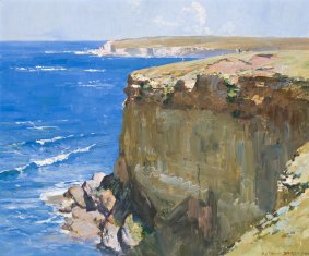 Cliff and Ocean Blue, 1932, oil on canvas by Arthur Streeton, from the Geelong Art Gallery collection.