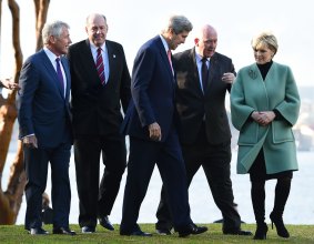 On the world stage: Bishop with, from left, US Secretary of Defence Chuck Hagel, Australian Defence Minister David Johnston, US Secretary of State John Kerry and Governor-General Peter Cosgrove in Sydney in August. 