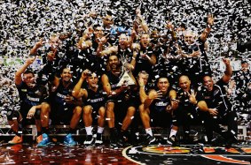 Reigning champs: The New Zealand Breakers celebrate after winning the NBL Grand Final series in March.