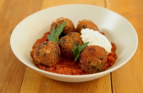 Eggplant is combined with walnut and parmesan to form sweet, textured polpettine.