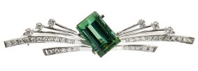 A green tourmaline and diamond brooch by H. Stern sold for $2200 at Leonard Joel auction in Sydney on March 7. 