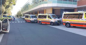 Severe delays: Ambulances queued 13 deep at Liverpool Hospital recently.