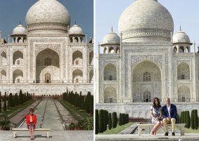 Past and present: A 1992 photo of Princess Diana sitting in front of the Taj Mahal, left, and her son Prince William sitting with his wife Kate, the Duchess of Cambridge, in the same spot on Saturday. 
