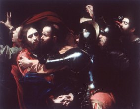 Caravaggio's 1602 painting <i>The Taking of Christ</I>. He was a revolutionary artist with a thuggish reputation who is thought to have murdered a man. 