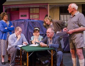 Judi Crane as Janette, Sam Hannan-Morrow  (seated) as Nick, Helen McFarlane (seated) as April, Wayne Shepherd (seated) as Claude, Trish Kelly (standiing) as Rosie, Graham Robertson (standing) as Jack  in <i>The Pig Iron People</i>, for which Chris Ellyard did lighting design.