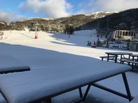 Thredbo Ski Resort- Ski slopes and winter picnic tables 