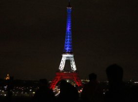 The Eiffel Tower is illuminated in the French national colours.