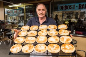 John from the Orbost Bakery with freshly baked pies.