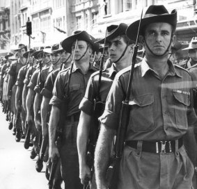 The 7th Battalion R.A.R marching through Sydney on their return from the war in Vietnam.