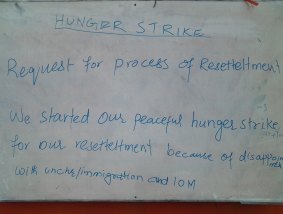 A notice explaining the decision of the hunger strikers, all of whom have been found to be genuine refugees by the UNHCR.