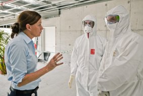 Jane Armstrong, Aspen Medical Clinical Training Manager, Dr John Gerrard and Dr John Parker taking part in predeployment Ebola training in Canberra.
